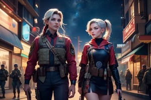 masterpiece,best quality, highly detailed, ruby_rose, looking_at_viewer,  cowboy shot, patrolling next to female military officer with white hair (officer has long white ponytail), in futuristic city street, night, stars, female military with weapons, poakl