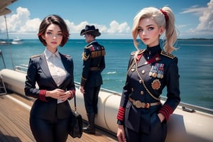 masterpiece,best quality, highly detailed, ruby_rose, looking_at_viewer, ((cowboy shot)), wearing military uniform, standing on pier, next to luxury yacht, with white haired female military officer, officer with long white ponytail, in private jet above the sea,  other military officers on jet, poakl