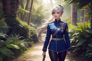  masterpiece,best quality, highly detailed, weiss schnee, scar across eye, long white hair, side ponytail, cowboy shot, she is wearing a military uniform, walking in tropical rainforest, lush vegitation, disused building,  other military officers are present with weapons (volumetric lighting), intricate details, tonemapping, sharp focus, hyper detailed poakl, 