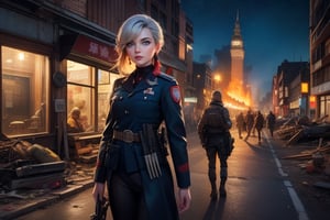 masterpiece,best quality, highly detailed, ruby_rose, looking_at_viewer, cowboy shot, standing, with white haired female military officer, officer with long white ponytail, in cityscape, night, stars, female military on street, post-war ruins in distance, bonfire, post-apocalypse, dystopian future, poakl