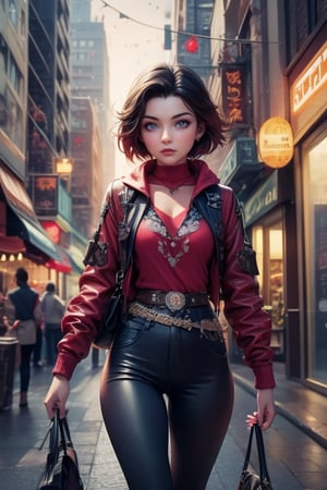 masterpiece,best quality, highly detailed, ruby_rose,1girl,solo,looking_at_viewer, cowboy shot, walking, in futuristic city street, night, stars, poakl