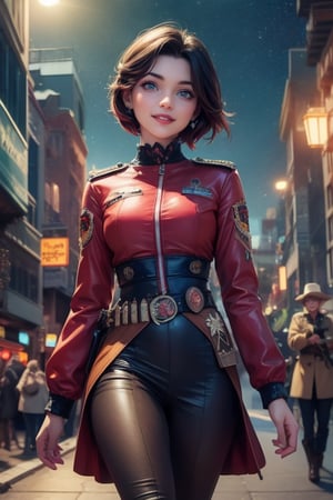 masterpiece,best quality, highly detailed, ruby_rose,1girl,solo,looking_at_viewer, smile, cowboy shot, walking, in futuristic city street, night, stars, military officers on patrol, poakl