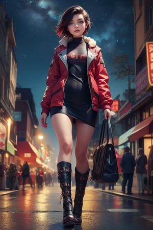 masterpiece,best quality, highly detailed, ruby_rose,1girl,solo,looking_at_viewer, cowboy shot, walking, in futuristic city street, night, stars, poakl