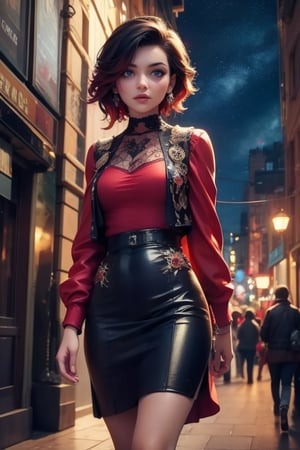 masterpiece,best quality, highly detailed, ruby_rose,1girl,solo,looking_at_viewer, cowboy shot, walking, in futuristic city street, night, stars, poakl