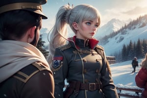 masterpiece,best quality, highly detailed, weiss schnee, scar across eye, long white hair, side ponytail, cowboy shot, she is wearing a military uniform, standing with black haired female officer on snow covered mountain slope, near ski lodge, other military officers are present, crowd, (volumetric lighting), intricate details, tonemapping, sharp focus, hyper detailed poakl,