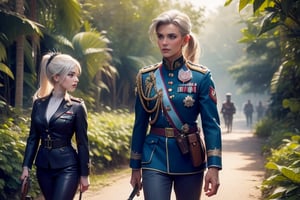  masterpiece,best quality, highly detailed, weiss schnee, scar across eye, long white hair, side ponytail, cowboy shot, she is wearing a military uniform, walking with female military officer in tropical rainforest, lush vegitation, disused building,  other military officers are present with weapons (volumetric lighting), intricate details, tonemapping, sharp focus, hyper detailed poakl, 