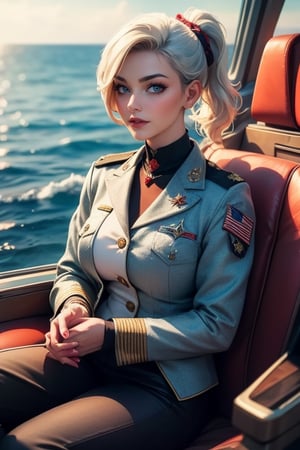 masterpiece,best quality, highly detailed, ruby_rose, looking_at_viewer, ((cowboy shot)), wearing military uniform, sitting, with white haired female military officer, officer with long white ponytail, in private jet above the sea,  other military officers on jet, poakl