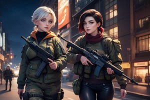 masterpiece,best quality, highly detailed, ruby_rose, looking_at_viewer,  cowboy shot, patrolling with white haired female military officer, officer with long white ponytail, in futuristic city street, night, stars, female military with weapons, poakl