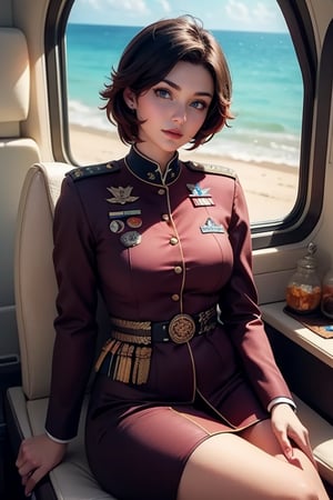 masterpiece,best quality, highly detailed, ruby_rose, looking_at_viewer, ((cowboy shot)), wearing military uniform, sitting in private jet above the sea,  other military officers on jet, poakl