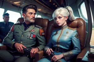 masterpiece,best quality, highly detailed, weiss schnee, scar across eye, long white hair, side ponytail, cowboy shot, she is wearing a military uniform, sitting with military officer in private jet,  other military officers are present (volumetric lighting), intricate details, tonemapping, sharp focus, hyper detailed poakl,