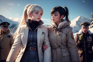 masterpiece,best quality, highly detailed, weiss schnee, scar across eye, long white hair, side ponytail, cowboy shot, she is wearing a white coat over military uniform, walking with black haired female officer on snow covered mountain slope, near ski lodge, other military officers are present, crowd, (volumetric lighting), intricate details, tonemapping, sharp focus, hyper detailed poakl,