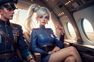 masterpiece,best quality, highly detailed, weiss schnee, scar across eye, long white hair, side ponytail, cowboy shot, she is wearing a military uniform, sitting with military officer in private jet,  other military officers are present (volumetric lighting), intricate details, tonemapping, sharp focus, hyper detailed poakl,