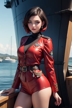 masterpiece,best quality, highly detailed, ruby_rose, looking_at_viewer, ((cowboy shot)), wearing military uniform, standing on pier, next to futuristic yacht, other military officers, poakl