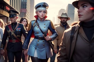  masterpiece,best quality, highly detailed, weiss schnee,1girl,solo,scar across eye,  cowboy shot, wearing military uniform, walking with fellow officer in cityscape, crowd, (volumetric lighting), intricate details, tonemapping, sharp focus, hyper detailed poakl, 