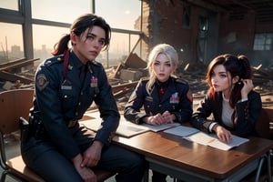 masterpiece,best quality, highly detailed, ruby_rose, looking_at_viewer, ((cowboy shot)),sitting with white haired female military officer, (officer with long white ponytail), other officers, sitting in collapsed school buildings, desks, bonfire, rubble, post-apocalypse, dystopian future,  poakl