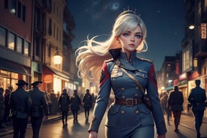  masterpiece,best quality, highly detailed, weiss schnee,1girl,solo,scar across eye,  cowboy shot, wearing military uniform, walking with fellow officer in cityscape, night, stars, moon, other military officers with weapons (volumetric lighting), intricate details, tonemapping, sharp focus, hyper detailed poakl, 