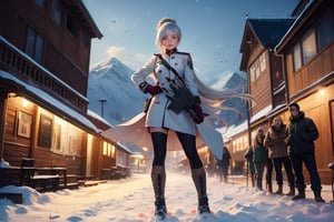 masterpiece,best quality, highly detailed, weiss schnee, scar across eye, long white hair, side ponytail, cowboy shot, she is wearing a white coat over military uniform, patrolling with black haired female military officer on snow covered mountain slope, near ski lodge, other military officers are present, crowd, (volumetric lighting), intricate details, tonemapping, sharp focus, hyper detailed poakl,