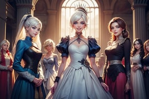 masterpiece,best quality, highly detailed, weiss schnee, looking at viewer, scar across eye, long white hair, side ponytail, smile, cowboy shot, (she is standing inside townhall, (standing with 4 women)), crowd, (volumetric lighting), intricate details, tonemapping, sharp focus, hyper detailed poakl,