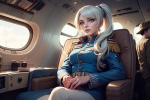 masterpiece,best quality, highly detailed, weiss schnee, scar across eye, long white hair, side ponytail, cowboy shot, she is wearing a military uniform, sitting with military officer in private jet,  other military officers are present (volumetric lighting), intricate details, tonemapping, sharp focus, hyper detailed poakl,