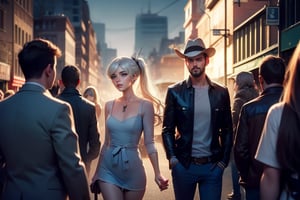 masterpiece,best quality, highly detailed, weiss schnee, scar across eye, long white hair, side ponytail, cowboy shot,  she is standing with 1 man and 1 woman, wearing casual clothes, talking, cityscape, crowd, (volumetric lighting), intricate details, tonemapping, sharp focus, hyper detailed poakl,