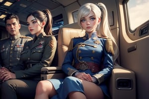 masterpiece,best quality, highly detailed, weiss schnee, scar across eye, long white hair, side ponytail, cowboy shot, she is wearing a military uniform, sitting with military officer in private jet,  other military officers are present (volumetric lighting), intricate details, tonemapping, sharp focus, hyper detailed poakl,