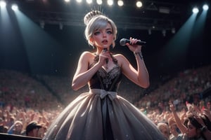  masterpiece,best quality, highly detailed, weiss schnee,1girl,solo,scar across eye,  cowboy shot, performing in huge concert hall, on stage, in (beautiful black fitted dress with silver highlights), microphone, audience,  (volumetric lighting), intricate details, tonemapping, sharp focus, hyper detailed poakl, 