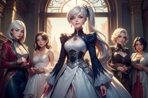 masterpiece,best quality, highly detailed, weiss schnee, looking at viewer, scar across eye, long white hair, side ponytail, smile, cowboy shot, (she is standing inside townhall, (standing with 4 women)), crowd, (volumetric lighting), intricate details, tonemapping, sharp focus, hyper detailed poakl,