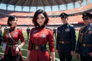 masterpiece,best quality, highly detailed, ruby_rose, very short black hair with red highlights, looking_at_viewer, ((cowboy shot)), wearing military uniform, standing with female officers who are representing different countries, standing in stadium, small crowd, spectators, poakl