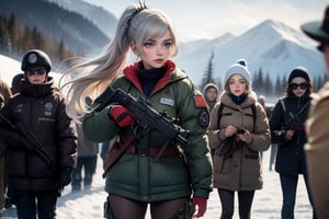 masterpiece,best quality, highly detailed, weiss schnee, scar across eye, long white hair, side ponytail, cowboy shot, she is wearing a military uniform, standing with black haired female officer on snow covered mountain slope, near ski lodge, other military officers are present, crowd, (volumetric lighting), intricate details, tonemapping, sharp focus, hyper detailed poakl,