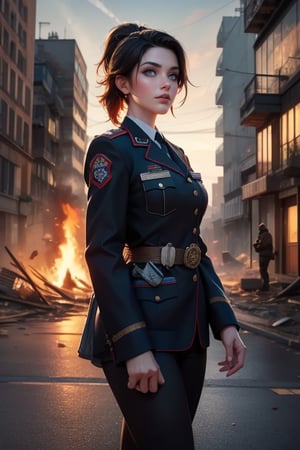 masterpiece,best quality, highly detailed, ruby_rose, looking_at_viewer, ((cowboy shot)), wearing military uniform, walking, with white haired female military officer, officer with long white ponytail, in cityscape,  female military on street, post-war ruins in distance, bonfire, post-apocalypse, dystopian future, poakl