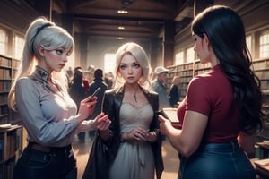 masterpiece,best quality, highly detailed, weiss schnee, scar across eye, long white hair, side ponytail, cowboy shot,  she is standing with 2 dark haired women, wearing casual clothes, talking, standing in library, crowd, (volumetric lighting), intricate details, tonemapping, sharp focus, hyper detailed poakl,