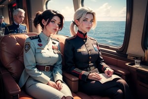 masterpiece,best quality, highly detailed, ruby_rose, looking_at_viewer, ((cowboy shot)), wearing military uniform, sitting, with white haired female military officer, officer with long white ponytail, in private jet above the sea,  other military officers on jet, poakl