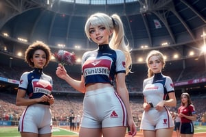 masterpiece,best quality, highly detailed, weiss schnee, looking at viewer, scar across eye, long white hair, side ponytail, smile, cowboy shot, (she is standing inside sport stadium (standing with 3 women)), crowd, (volumetric lighting), intricate details, tonemapping, sharp focus, hyper detailed poakl,