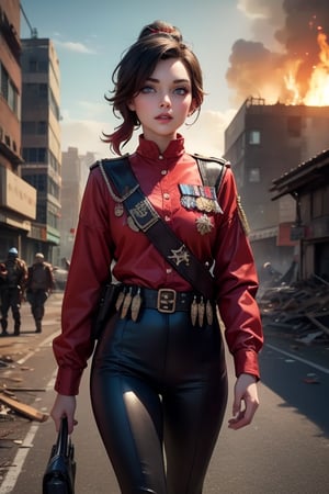 masterpiece,best quality, highly detailed, ruby_rose, looking_at_viewer, ((cowboy shot)), wearing military uniform, walking, with white haired female military officer, officer with long white ponytail, in cityscape,  female military on street, post-war ruins in distance, bonfire, post-apocalypse, dystopian future, poakl