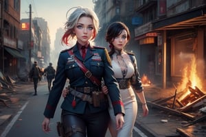 masterpiece,best quality, highly detailed, ruby_rose, looking_at_viewer, ((cowboy shot)), wearing military uniform, walking, with white haired female military officer, officer with long white ponytail, in cityscape,  female military on street, post-war ruins in distance, bonfire, post-apocalypse, dystopian future, poakl