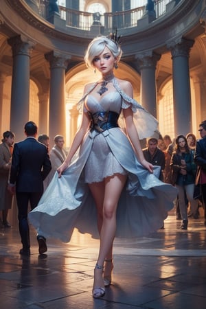  masterpiece,best quality, highly detailed, weiss schnee,1girl,solo,scar across eye, walking with male guest in immense courtyard, near  fountain, crowd, (volumetric lighting), intricate details, tonemapping, sharp focus, hyper detailed poakl, 