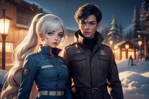 masterpiece,best quality, highly detailed, weiss schnee, scar across eye, long white hair, side ponytail, cowboy shot, she is wearing a military uniform, standing with black haired female officer on snow covered mountain slope, near ski lodge, other military officers are present, crowd, (volumetric lighting), intricate details, tonemapping, sharp focus, hyper detailed poakl,