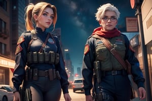 masterpiece,best quality, highly detailed, ruby_rose, looking_at_viewer,  cowboy shot, patrolling with white haired female military officer, officer with long white ponytail, in futuristic city street, night, stars, female military on street, poakl