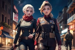 masterpiece,best quality, highly detailed, ruby_rose, looking_at_viewer,  cowboy shot, patrolling next to female military officer with white hair (officer has long white ponytail), in futuristic city street, night, stars, female military with weapons, poakl