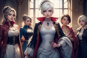 masterpiece,best quality, highly detailed, weiss schnee, looking at viewer, scar across eye, long white hair, side ponytail, smile, cowboy shot, (she is standing inside townhall, (standing with 4 women)), crowd, (volumetric lighting), intricate details, tonemapping, sharp focus, hyper detailed poakl,