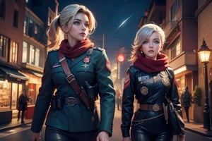 masterpiece,best quality, highly detailed, ruby_rose, looking_at_viewer,  cowboy shot, patrolling with white haired female military officer, officer with long white ponytail, in futuristic city street, night, stars, female military on street, poakl