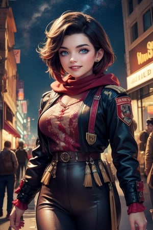 masterpiece,best quality, highly detailed, ruby_rose,1girl,solo,looking_at_viewer, smile, cowboy shot, walking, in futuristic city street, night, stars, military officers on patrol, poakl