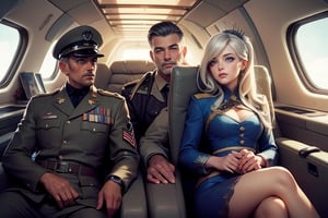 masterpiece,best quality, highly detailed, weiss schnee, scar across eye, long white hair, side ponytail, cowboy shot, she is wearing a military uniform, sitting with military officer in private jet,  other military officers are present (volumetric lighting), intricate details, tonemapping, sharp focus, hyper detailed poakl,