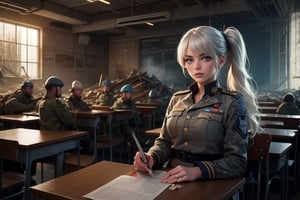 masterpiece,best quality, highly detailed, weiss schnee, scar across eye, long white hair, side ponytail, cowboy shot, ((she is wearing a military uniform, sitting next to female officer)), sitting on chairs, looking at lecturer in collapsed school building, classroom, desks, bonfire, rubble, other officers present, crowd, post-apocalypse, dystopian future, (volumetric lighting), intricate details, tonemapping, sharp focus, hyper detailed poakl,