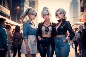 masterpiece,best quality, highly detailed, weiss schnee, scar across eye, long white hair, side ponytail, cowboy shot, looking at viewer, she is standing with 2 females, wearing casual clothes, talking, cityscape, crowd, (volumetric lighting), intricate details, tonemapping, sharp focus, hyper detailed poakl,