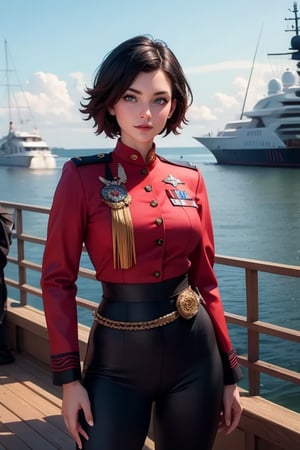 masterpiece,best quality, highly detailed, ruby_rose, looking_at_viewer, ((cowboy shot)), wearing military uniform, standing on pier, next to futuristic yacht, other military officers, poakl