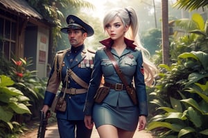  masterpiece,best quality, highly detailed, weiss schnee, scar across eye, long white hair, side ponytail, cowboy shot, she is wearing a military uniform, walking in tropical rainforest, lush vegitation, disused building,  other military officers are present with weapons (volumetric lighting), intricate details, tonemapping, sharp focus, hyper detailed poakl, 