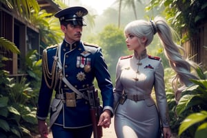  masterpiece,best quality, highly detailed, weiss schnee, scar across eye, long white hair, side ponytail, cowboy shot, she is wearing a military uniform, walking with military officer in tropical rainforest, lush vegitation, disused building,  other military officers are present with weapons (volumetric lighting), intricate details, tonemapping, sharp focus, hyper detailed poakl, 