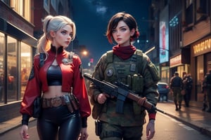 masterpiece,best quality, highly detailed, ruby_rose, looking_at_viewer,  cowboy shot, patrolling with white haired female military officer, officer with long white ponytail, in futuristic city street, night, stars, female military on street, poakl