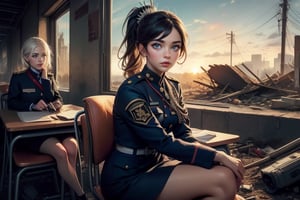 masterpiece,best quality, highly detailed, weiss schnee, scar across eye, long white hair, side ponytail, cowboy shot, ((she is wearing a military uniform, sitting next to female officer with short black hair)), sitting on chairs in collapsed school building, classroom, desks, bonfire, rubble, other officers present, crowd, post-apocalypse, dystopian future, (volumetric lighting), intricate details, tonemapping, sharp focus, hyper detailed poakl,